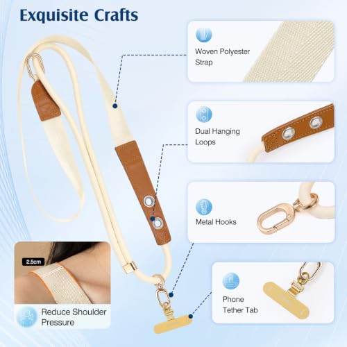 MoKo Adjustable Phone Lanyard Crossbody Strap with 2 Hanging Loops - color: Beige