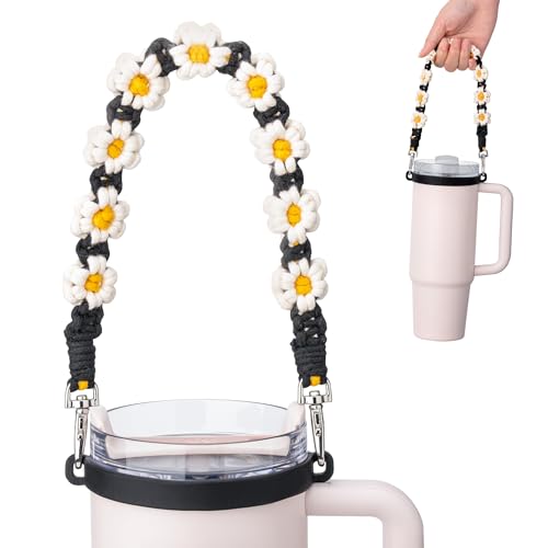 Water Bottle Handle Strap for Stanley Cup, Owala and Most 12-40oz Bottles - color: Daisy Black