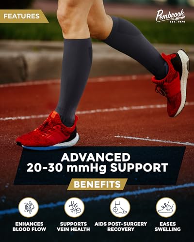 Pembrook 3 Pairs Compression Socks 20-30 mmHg - Compression Socks for Women and Men | Running, Athletic, Travel, Nurses - color: Dark Gray (Red/Blue/Light Blue) - 3 Pairs, size: Large