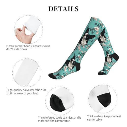 Cute Compression Socks Knee High Support Stockings Women Men - color: Boston Terrier Dog Flowers
