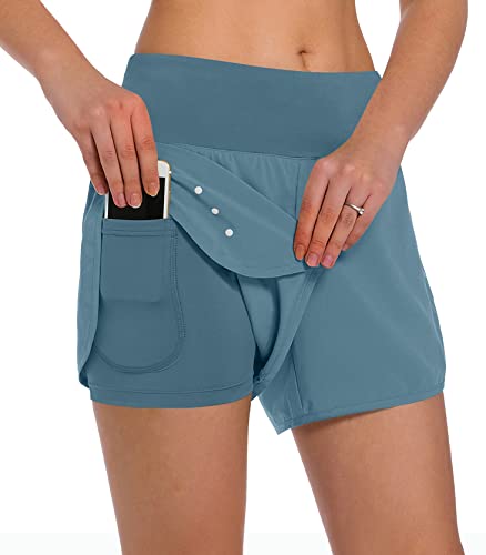 Ksmien Women's 2 in 1 Running Shorts with Liner Phone Pockets - color: Denim Blue, size: Large