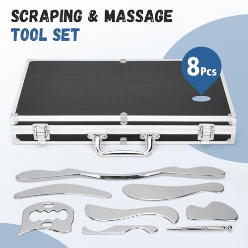8 in 1 Stainless Steel Gua Sha Muscle Scraper Massage Tool Set IASTM Tools Portable Scraping Tool Physical Therapy Great Soft Tissue Mobilization with Carrying Case - size: 8 Piece Set