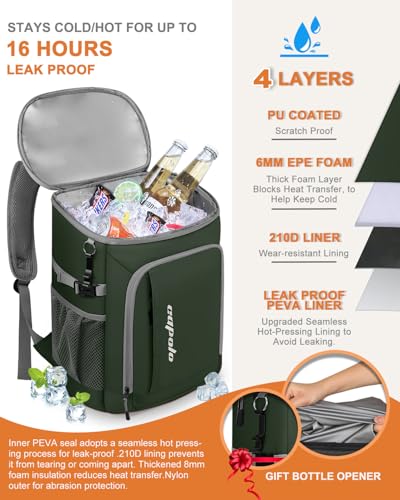 Capolo Cooler Backpack Insulated Leak Proof for Women Men Soft Cooler Bag - color: Leather Green, size: 36 Cans