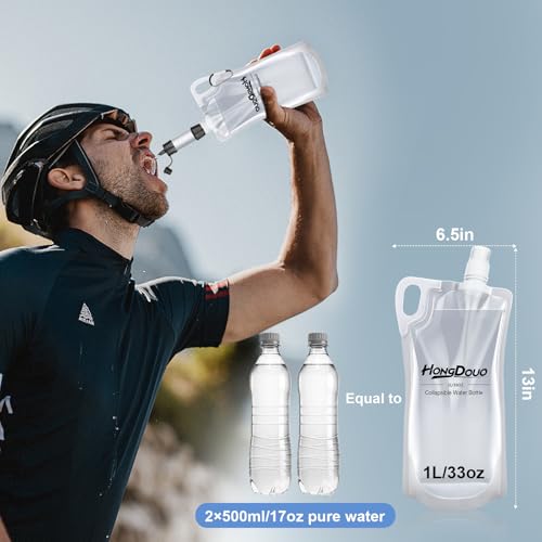 2 Pack Collapsible Water Bottles, 1L Hiking Water Flasks (2L Total) - 33oz BPA-Free Reusable Drink Bags With Carabiners and Handles, Squeeze Water through a Filter or Use as Water Bottles