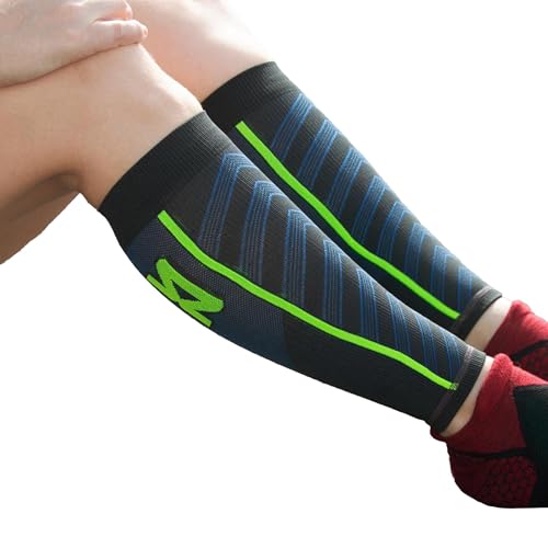 Zensah Featherweight Compression Leg Sleeves - Relieve Shin Splints, Calf Strains - color: Charcoal/Blue, size: Medium