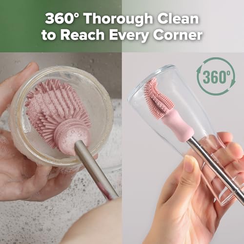 Haakaa Silicone Cleaning Brush Kit,Pink,Portable Bottle Brush Cleaner - color: Pink, size: 3 Piece Set
