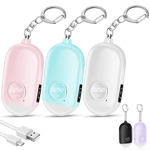Hion Personal Safety Alarm for Women, 3 Pack Rechargeable 130dB Self Defense Alarm Keychain with LED Flashlight, Emergency Safe Sound Security for Children Elderly, White+Pink+Blue - color: White+pink+blue
