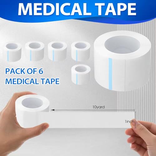 6 Rolls Medical Tape with Dispenser 2 Each, 1 Inch X 10 Yard Paper Tape Medical, Wound First Aid Tape, meedical Tape White
