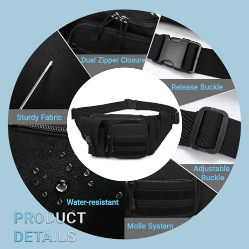 Tactical Fanny Pack，Military Waist Bag Hip Belt Bumbag Utility Bags for Fishing Hiking Hunting with Mesh Water Bottle Holder Pouch (Black) - color: Black