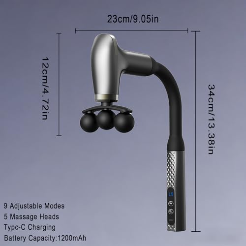 Massage Gun with Upgraded Extension Handle, Back Massager for Pain Relief Deep Tissue, 12MM Percussion Less-Shock Neck/Foot/Leg/Shoulder Massager, 9 Speed Levels & 5 Replaceable Heads (Space Silver) - color: Space Silver