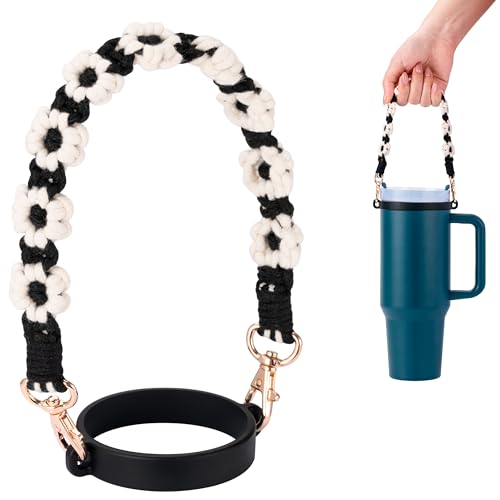 Water Bottle Handle Strap Compatible with Owala & Stanley Cups - color: Flower Black