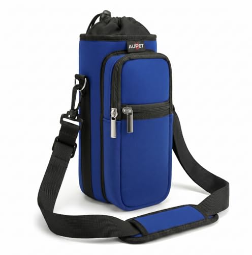 AUPET Water Bottle Sling Bag Sleeve Holder Carrier 25/32/40/64 oz,Insulated Crossbody Water Bottle Case Cover with Strap and Pockets for Men/Women Walking Hiking - color: dark blue, size: 25oz