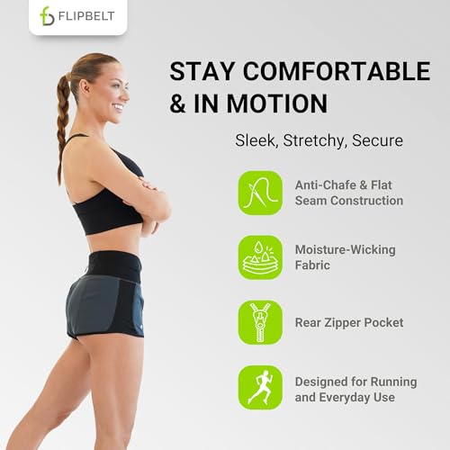 FlipBelt Women’s Running Shorts – Built-in FlipBelt Running Belt for Phone/Essentials, Zipper Closure, USA Company