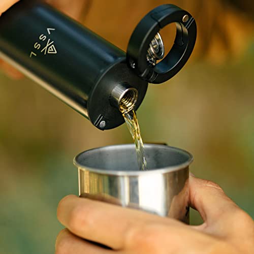VSSL Insulated Flask with Light, 8 oz Double-Walled Vacuum Sealed Stainless Steel, Leak-Proof Drinking Cap, Split Flip Carabiner for Easy Attachment, Black