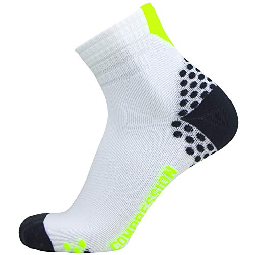 Compression Ankle Socks for Running - Moisture Wicking, Dot Padding - color: 1 Pair - White/Neon Yellow, size: Small