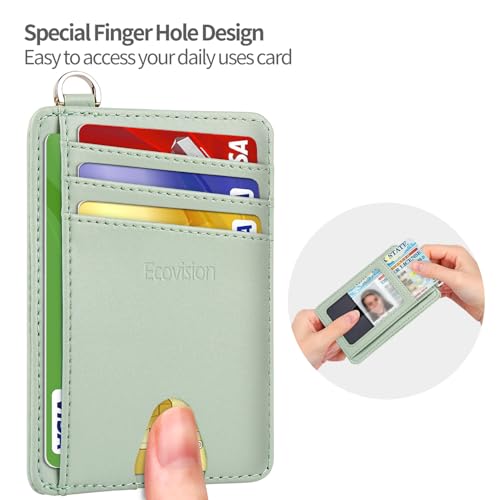 Slim Minimalist Front Pocket Wallet, RFID Blocking Credit Card Holder Wallet with Integrated D-Shackle for Men Women - color: Cowhide Matcha Green