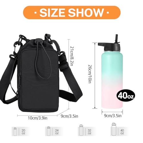 Water Bottle Holder with Phone Pocket for 40/32 oz,Water Bottle Holder/Sleeve with Adjustable Shoulder Strap and Charm. - color: Black