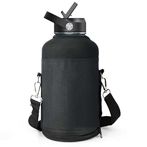 BUZIO Water Bottle Insulated Sleeve, Bottle Carrier with Strap - color: Black, size: 64oz