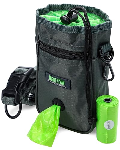 Mighty Paw Dog Treat Bag - Drawstring Closure Pouch - Includes Carabiner Hook and Pick-up Bags - Dog Paw Treat Bag - Pet Training Pouch - (Grey/Green) - color: Standard - Grey