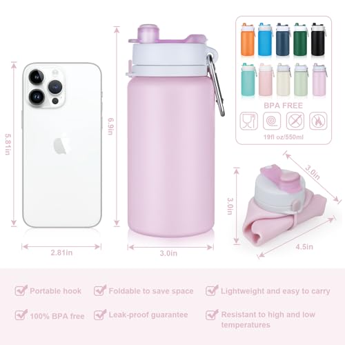 PLTCAT Collapsible Water Bottles, 19oz Foldable Silicone Travel Bottles - color: Taro Purple
