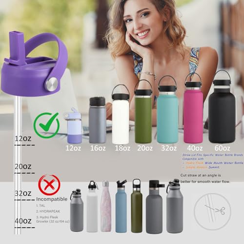 Straw Lid for Hydro Flask Wide Mouth, Lid with Flexible Handle and Straws, Replacement Sports Cap for Hydroflask 32 40 oz - color: Purple