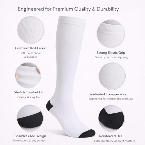 Diamond Star 6 Pairs Compression Socks for Men & Women, Knee High Socks - color: 6 Pairs White