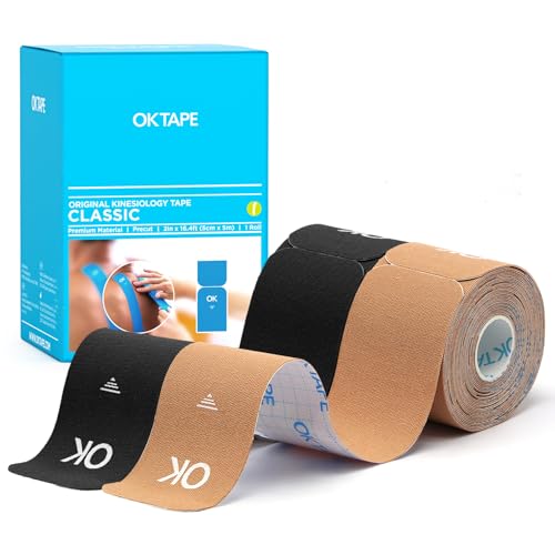 OK TAPE Kinesiology Tape 10" Precut Elastic 20 Strips 2in x 16ft, 2 Rolls - color: Beige and Black, size: 2 Rolls