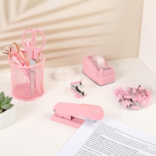 SKYDUE Pink Stapler and Tape Dispenser Set, Pink Office Desk Accessories - color: Pink