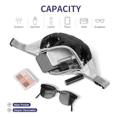 Holographic Sequined Fanny Packs for Women, Waist Belt Bag Fashion, Crossbody Bum Bag for Running, Black - color: Black