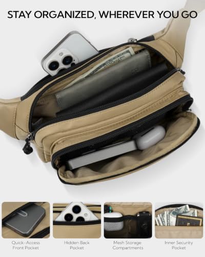 WATERFLY Fanny Pack Waist Bag: 2.5L Large 5 Zipper Pockets for Women Men - color: Khaki