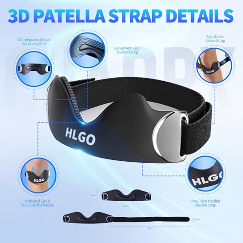 HLGO Silicone Patellar Tendon Support Knee Strap, Adjustable Patella Support Strap with Compression Cushion, Anti-Slip Knee Strap for Walking, Gym, Tennis & Daily Activities