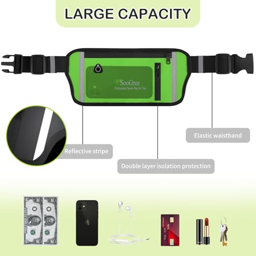 ooGree Fanny Packs for Women Men Slim Running Belt Waist Pack Runners Bag Waterproof Money Belt Phone Holder for Sports Hiking Traveling Walking Reflective Strip Adjustable Strap - color: Green, size: 1187
