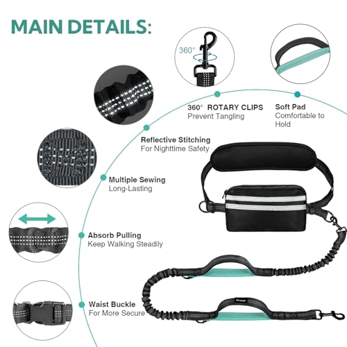Hands Free Dog Leash for Two Dogs Walking, Running - color: Black/Mint Green, size: Large
