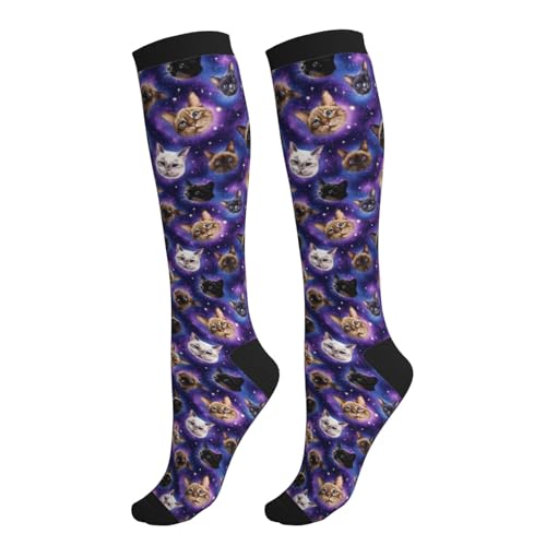 Compression Socks Women Knee High Support Circulation Stockings for Running Cycling Flying - color: Galaxy Cat