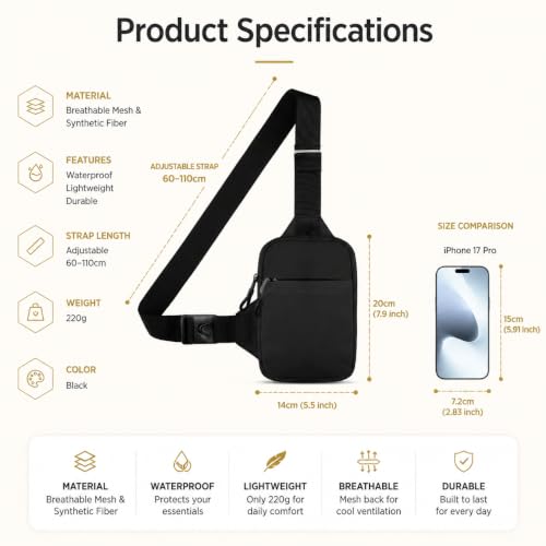 Simptech Mini Crossbody Sling Bag - Water-Resistant Dual Pocket Chest Pack - Lightweight Fanny Pack for Running, Travel & Everyday Workout - color: New Black