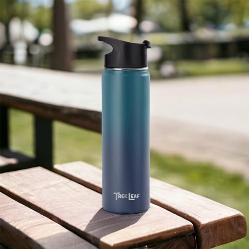 Travel Water Bottle with 3 Lids (Spout, Straw, Flip) Leak Proof, Quality, Vacuum Insulated, Stainless Steel (Deep Water, 22 oz) - color: Deep Water, size: 22 Ounces