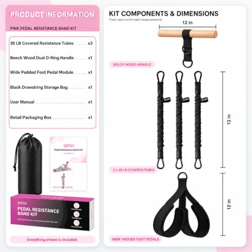 Pedal Resistance Band with Wood Handle, 3 x 30 lb Tubes - color: Black