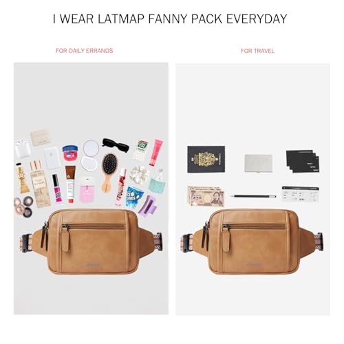 LATMAP 3L TRIPLE ZIP Fanny Packs Belt Bag For Women Men Crossbody Waist Pack Sling Chest Bum Travel Bag Purse Faux Leather Fashion Cute Tan - color: Tan