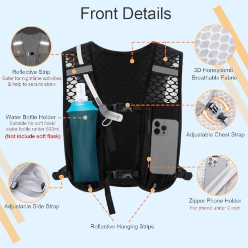 Running Vest Hydration Backpack for Men Women, Lightweight Breathable Hydration Packs, Adjustable Chest Straps Daypack, Reflective Water Running Vest for Marathon, Trail, Hiking, Cycling - color: Black