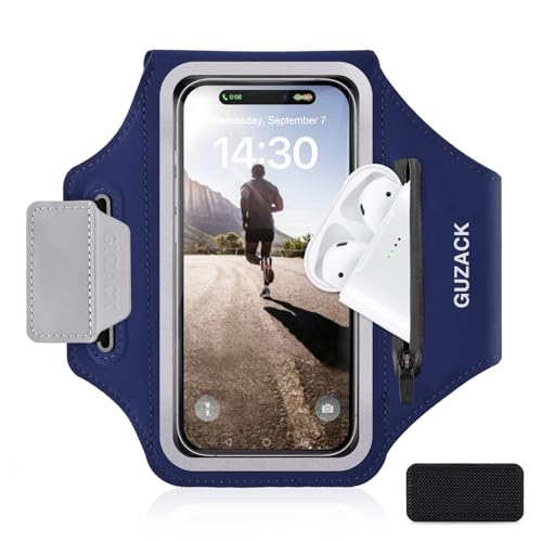 GUZACK Running Armband with Key Pockets & Card Slot, Up to 6.9", Medium - color: Navy Blue, size: M