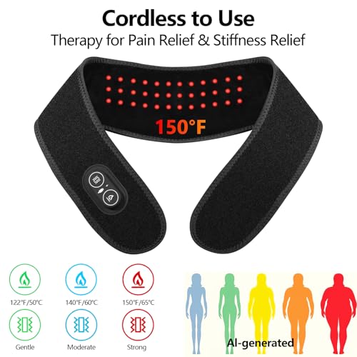 Cordless Red Light Neck Heating Pad for Pain ，3 Heat & Vibration Modes