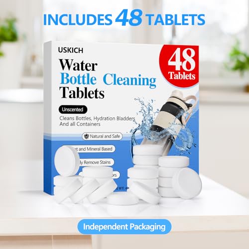 USKICH 48 Pack Water Bottle Cleaning Tablets,Water Bottle Cleaner Great for Stainless Steel, Thermos, Tumbler, Insulated and Reusable Water Bottles,Removes Stubborn Stains and Odors - size: 1 Count (Pack of 48)