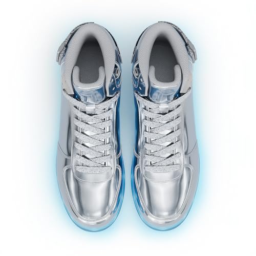 Unisex LED Light Up Shoes, Fashion High Top LED Sneakers USB Rechargeable Glowing Luminous Shoes for Men, Women, Teens - color: Silver, size: 15 Women/13 Men