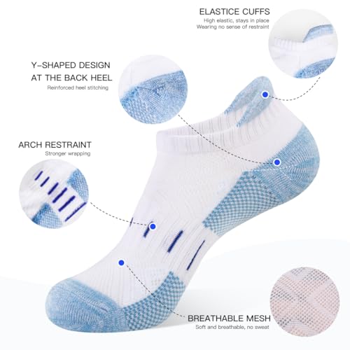 YOJOOM Women Athletic Ankle Socks 6 Pairs, Cushioned Arch Support Running Low Cut Socks, Breathable Mesh Non Slip - color: White, size: 8-10