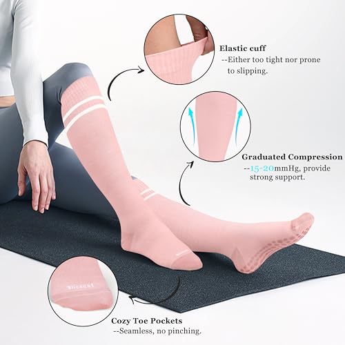Cotton Compression Socks Women&Men with Grips Non Slip 15-20mmHg Knee High Graduated Sock for Nurse, Pregnancy, Yoga - color: 01-3 Pairs-white Pink Blue, size: Small-Medium