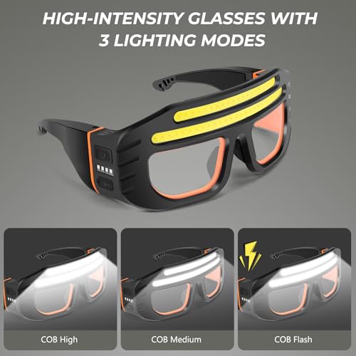 LED Glasses Rechargeable Headlight with COB Light and Clear PC lens, Hands-Free Flashlight Glasses for Mechanics, Night Running Cycling Camping Fishing - Water Resistant Headlamp for Adults
