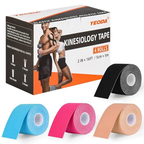 Kinesiology Tape 4 Rolls, Original Cotton Elastic Premium Athletic Tape,16.4 ft Uncut Tape,Hypoallergenic and Waterproof for Muscle Pain Relief and Joint Support - color: Mix