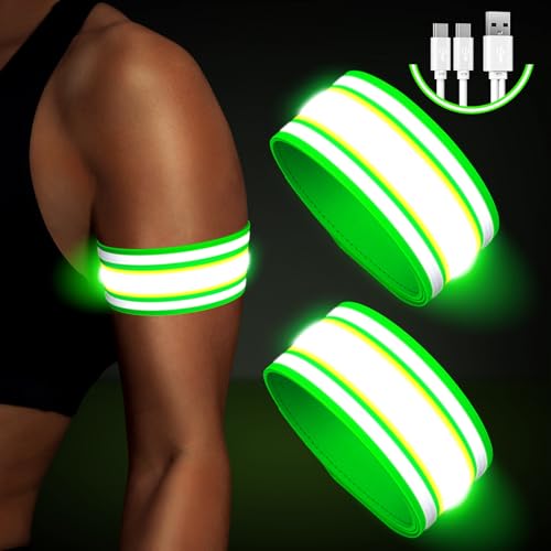 Fokia Kunbio Light Up LED Armband for Running Walking at Night,Reflective Arm Bands for Runners,Rechargeable Jogging Lights,High Visibility Night Running Safety Gear Adjustable Running Women Men Kids - color: Green
