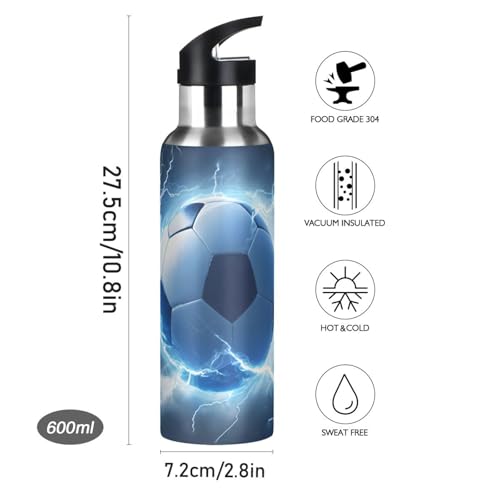 OTVEE Soccer Blue Lightning Water Bottle Sports Water Bottle Insulated Stainless Steel Hot Cold Water Mug with Straw Lid & Handle for Sports Gym 20 oz - color: Soccer Blue Lightning