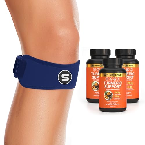 Sleeve Stars Patella Knee Strap and Turmeric Curcumin Supplement Bundle Patellar Tendon Support Knee Brace for Running Sports Arthritis Knee Pain Relief Osgood Schlatter Runner’s Knee Joint Support Mo